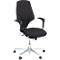 Black office chair with silver base, armrests, and castors. The chair is pictured against a white background.