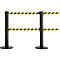 Two black stanchions with yellow and black striped belts, against a white background.