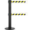 Black barrier post with two yellow and black striped ribbons. Round base, black column.