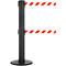 A black stanchion with two red and white striped bands. The stanchion has a round base.