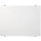 White glass whiteboard with silver fixings. Text on bottom left.