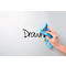 Hand wipes away "Drawing" text on white surface with blue cloth.