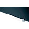Close-up of a dark blue table edge with a transparent bracket and a metallic foot.
