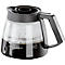 Glass coffee carafe with black lid and handle, filled with coffee, Melitta logo.