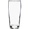 An empty, clear glass against a white background. The glass is cylindrical with a slightly flared rim.