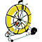 Gele kabelhaspel op een grijs frame met wielen en handvat. Opschrift: Sunrotec.