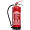 Red fire extinguisher, black hose, red handle, with the text 'Gloria'.