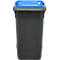 Donkergrijze vuilnisbak met blauw deksel. Het staat tegen een neutrale achtergrond.