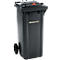 Dark gray trash can with wheels and lid. A key is in the lock. The logo of the company SSI Schäfer is visible.