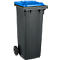 Gray trash can with a blue lid and wheels.