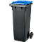 Black trash can with blue lid, against a white background. A wheel is attached to the side.