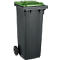 Grey trash can with green lid, one wheel and a handle.