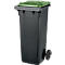 Black trash can with green lid and wheels.