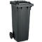Gray trash can with lid and wheel. On a white background, in detail.