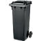 Black trash can with lid and wheels, against a white background.