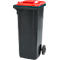 Black trash can with red lid. The bin has wheels and stands against a white background.