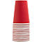Pile de gobelets en papier rouges, le gobelet du dessus est droit.