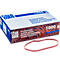 Caja de gomas elásticas con un anillo rojo al lado. Inscripción: Gummiringe, Rubber Bands, 1000 g.