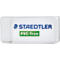Gomme rectangulaire blanche Staedtler avec logo bleu et mention PVC-free en vert.