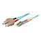 Türkisfarbenes Glasfaserkabel mit beigem SC-Duplex-Stecker und grauem LC-Duplex-Stecker vor weißem Hintergrund.