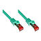 Grünes Netzwerkkabel mit RJ45-Stecker, Schirmung und rotem Clipschutz auf weißem Hintergrund.