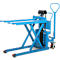 Blue hydraulic pallet truck with forks and handle.
