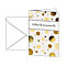 Greeting card with gold dots and the word "Glückwunsch". On the left is a white envelope.