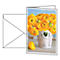 Yellow flowers in white bucket on greeting card, with envelope.