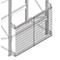 Wire mesh on a shelving system, to protect people or objects from falling. Gray metal construction.