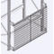 Wire mesh, part of a steel shelving structure, attached with brackets.