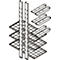 Black and white illustration of a shelving system with wire shelves, supports and brackets. The parts are shown against a white background.