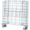 Silver wire mesh basket on wheels. The grid is rectangular with folding function. It stands on four wheels.