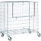 A wire mesh cart with wheels, made of metal, with a folding door.