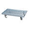 Grid cart with castors. A rectangular metal plate with square openings, supported by four castors.
