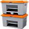 Two gray plastic containers with orange lids, stacked on top of each other. Each container has a rectangular cutout.