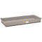 Gray, rectangular plastic tub with raised edge and stickers.