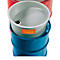 Gray spill containment basin in a blue barrel, orange sticker with "CEMO" inscription.