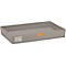 Rectangular gray plastic tray. On the side there is an orange sticker with lettering. Next to it a label.