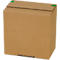 Cardboard box with green adhesive dots on top. Made of brown cardboard. Closed flap.