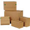 Several brown shipping boxes in different sizes, with green tape closures.