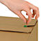 A hand opens a cardboard box by pulling on a small metal tab.
