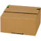 A rectangular box made of brown cardboard, with a lid that is slightly open. Green colored tapes secure the lid.