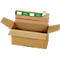 Opened brown cardboard box with printed flap. On the flap are green stripes with white text and an open bag.