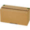 Brown cardboard box with closed lid, secured with green tape at the corners.