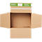 Open cardboard box, brown, green top with white text, flaps are open.
