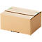 Cardboard box with open lid. Lid secured with green tape.