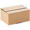 Brown rectangular cardboard box with slightly open lid, sealed green at the corners.