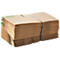 A stack of brown cardboard packaging, held together by a black rubber band.