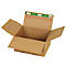Open cardboard box against a white background. The box has a green sealing strip.