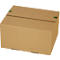 Brown cardboard box, partially closed. Green adhesive strips hold the lid together.